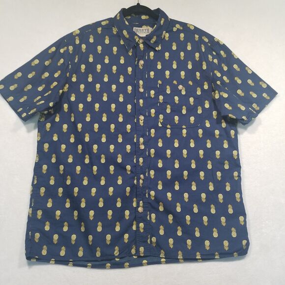 Duluth Trading Shirt Mens Large Blue Button Up Tiki Luau Hula Pineapple Preppy - Picture 1 of 8